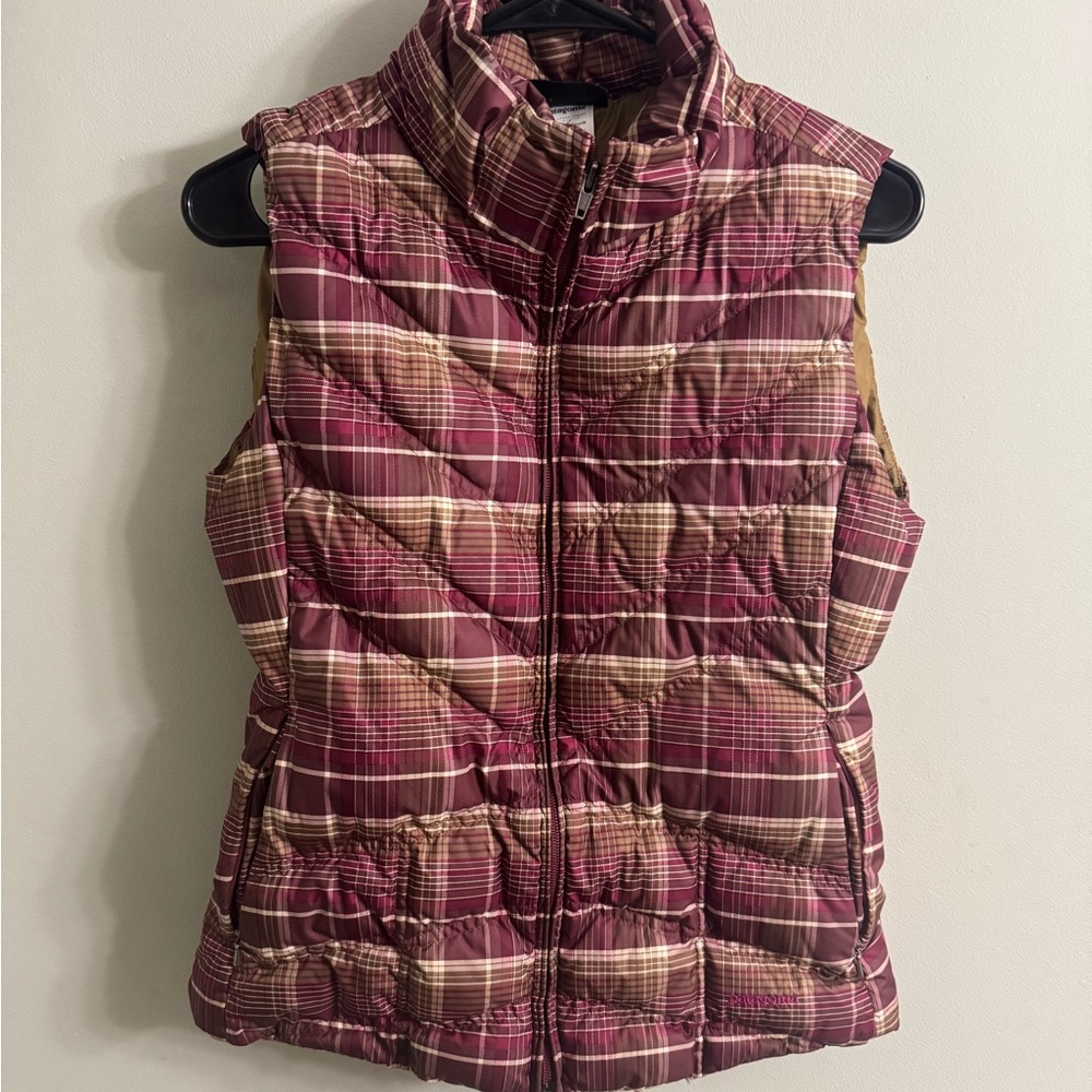 Patagonia Burgundy and Tan Plaid Vest
